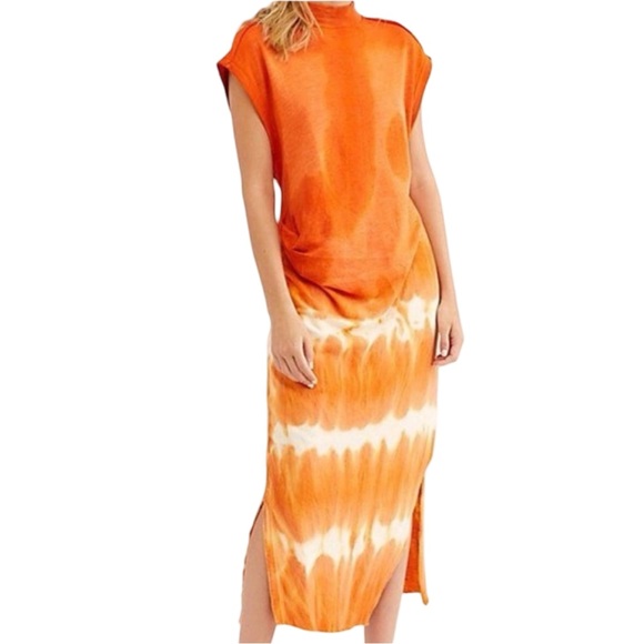 Free People Tie Dye Orange Midi Length Boho Top Dress size medium - Picture 2 of 14
